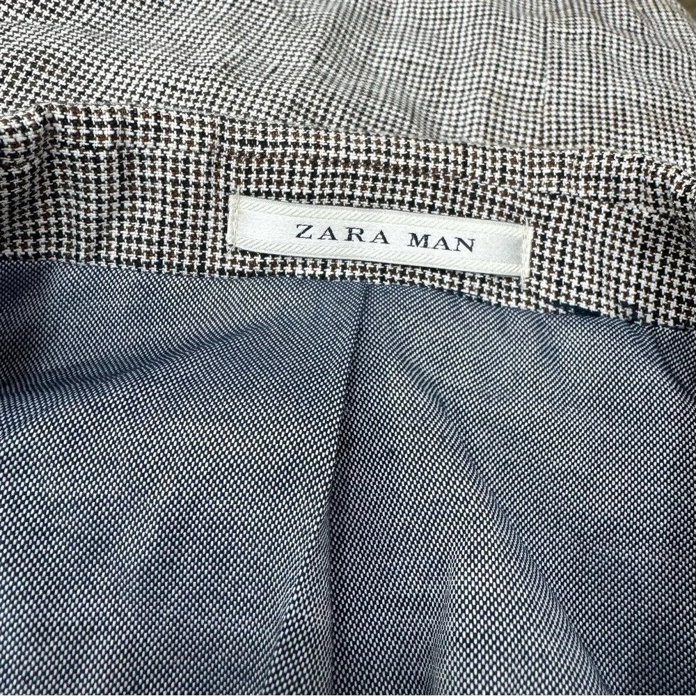 Zara Mens Houndstooth Blazer brown tan tones Linen sport coat Sz 36 half lined